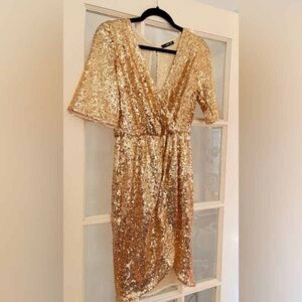 Gold Sequin Mini Dress with V-Neck